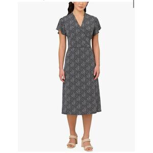 Adrianna Papell Women's M Flutter Sleeve Dot Printed Midi Dress Black White Twee